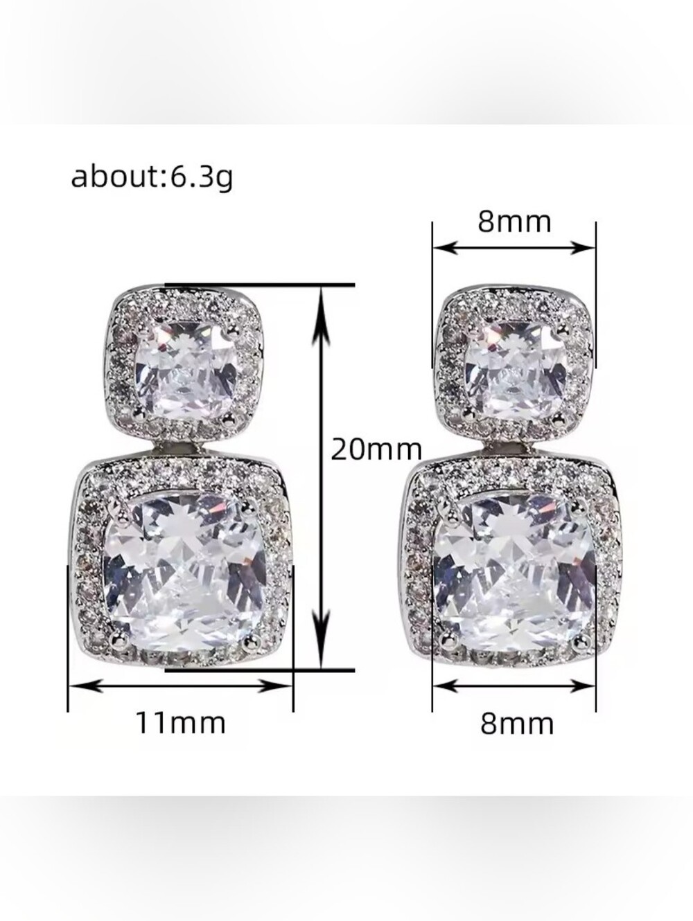 White Rhodium Double Cushion Halo Drop Earrings - Picture 3 of 5